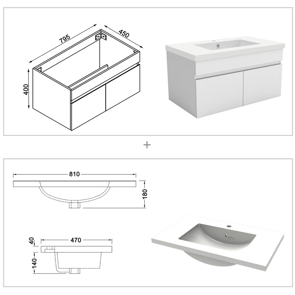 Modern Splash Mat White Wall-Mounted Bathroom Vanity Unit With Basin Double Doors 790*450*400mm