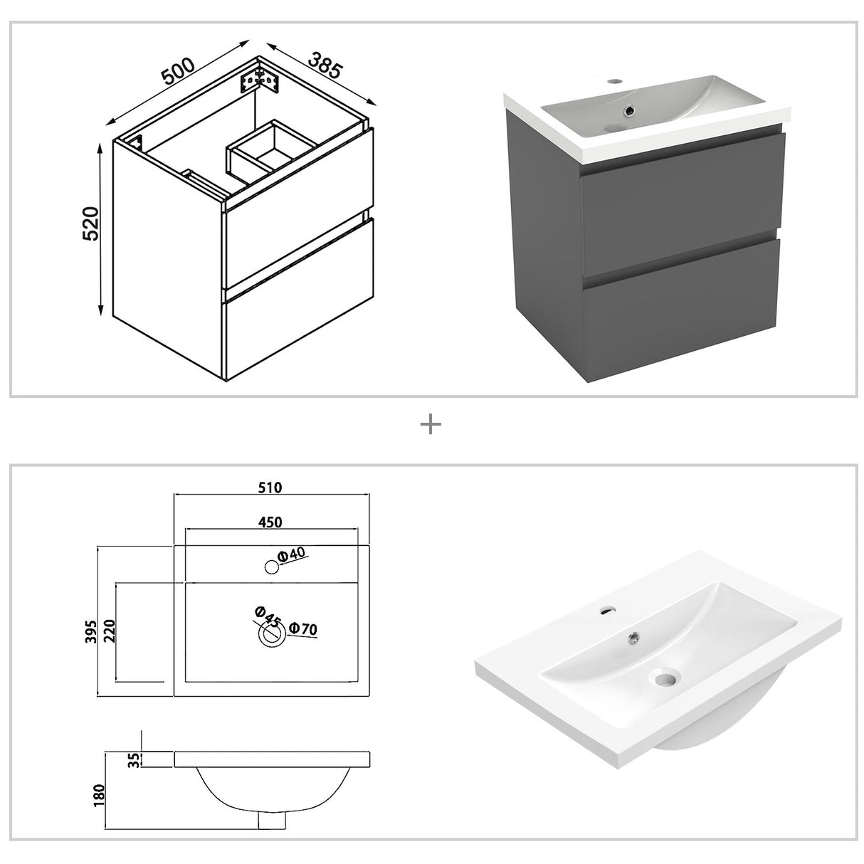 Modern Splash Wall Mounted Bathroom Vanity Unit With Artificial Stone Basin And 2 Soft Close Drawers 500*385*520mm