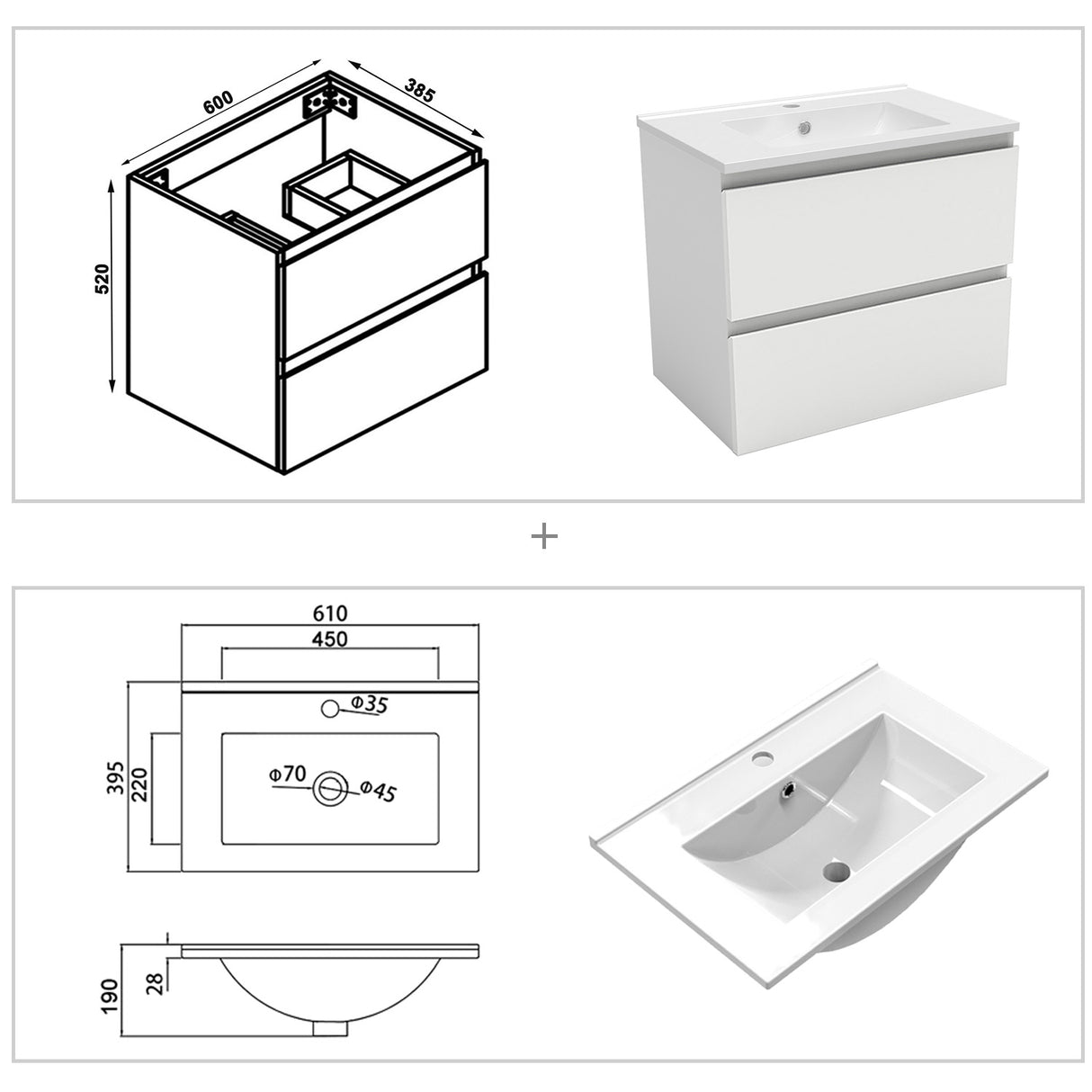 Modern Splash Wall Mounted Bathroom Vanity Unit With Thin Ceramic Basin And 2 Soft Close Drawers White 600*385*520mm