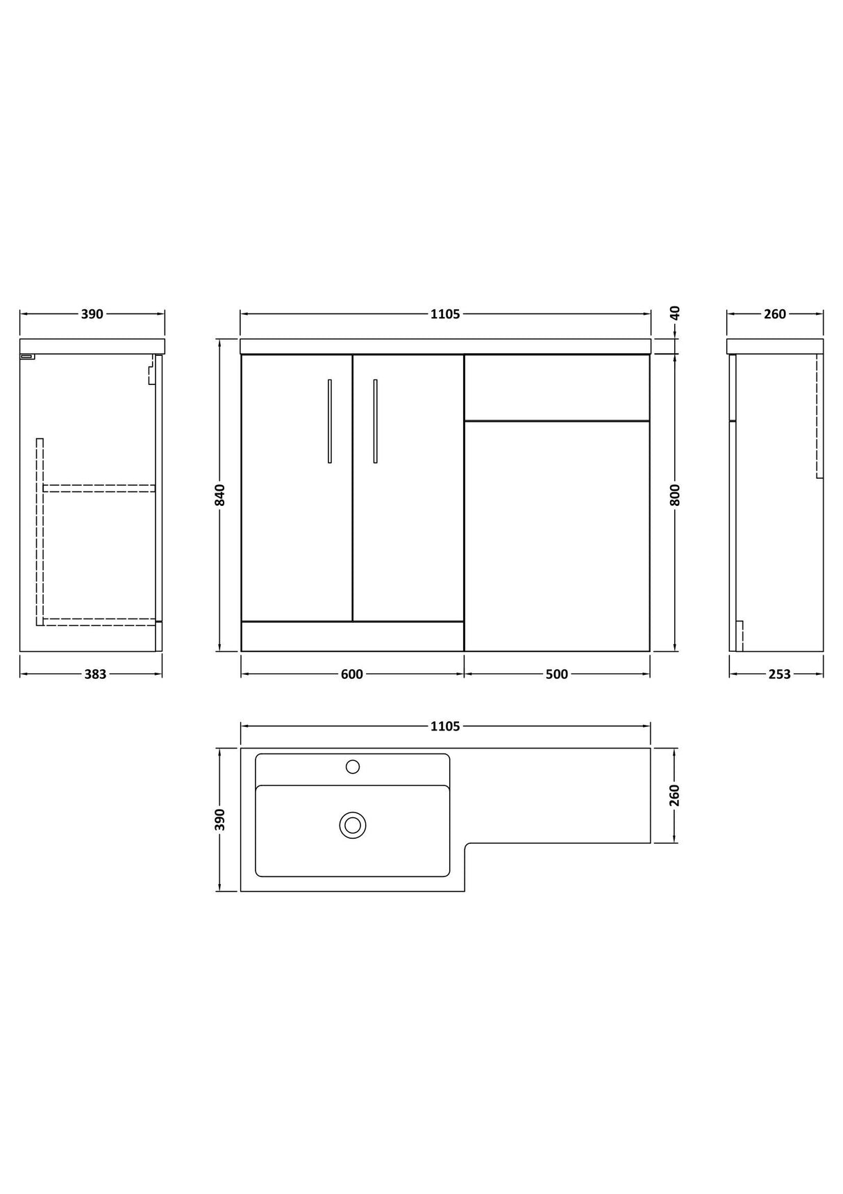 Modern Splash Arno 1100mm Gloss White 2 Door Floor Standing Left-Hand Combination Unit With Polymarble Basin