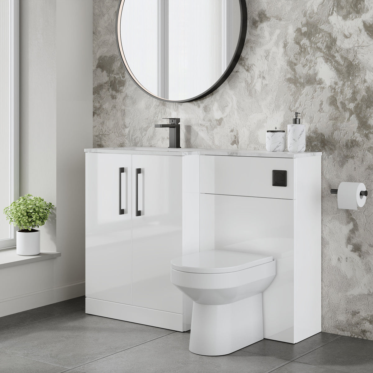 Modern Splash 1100mm Gloss White 2 Door Floor Standing Left-Hand Combination Unit With Stone Basin