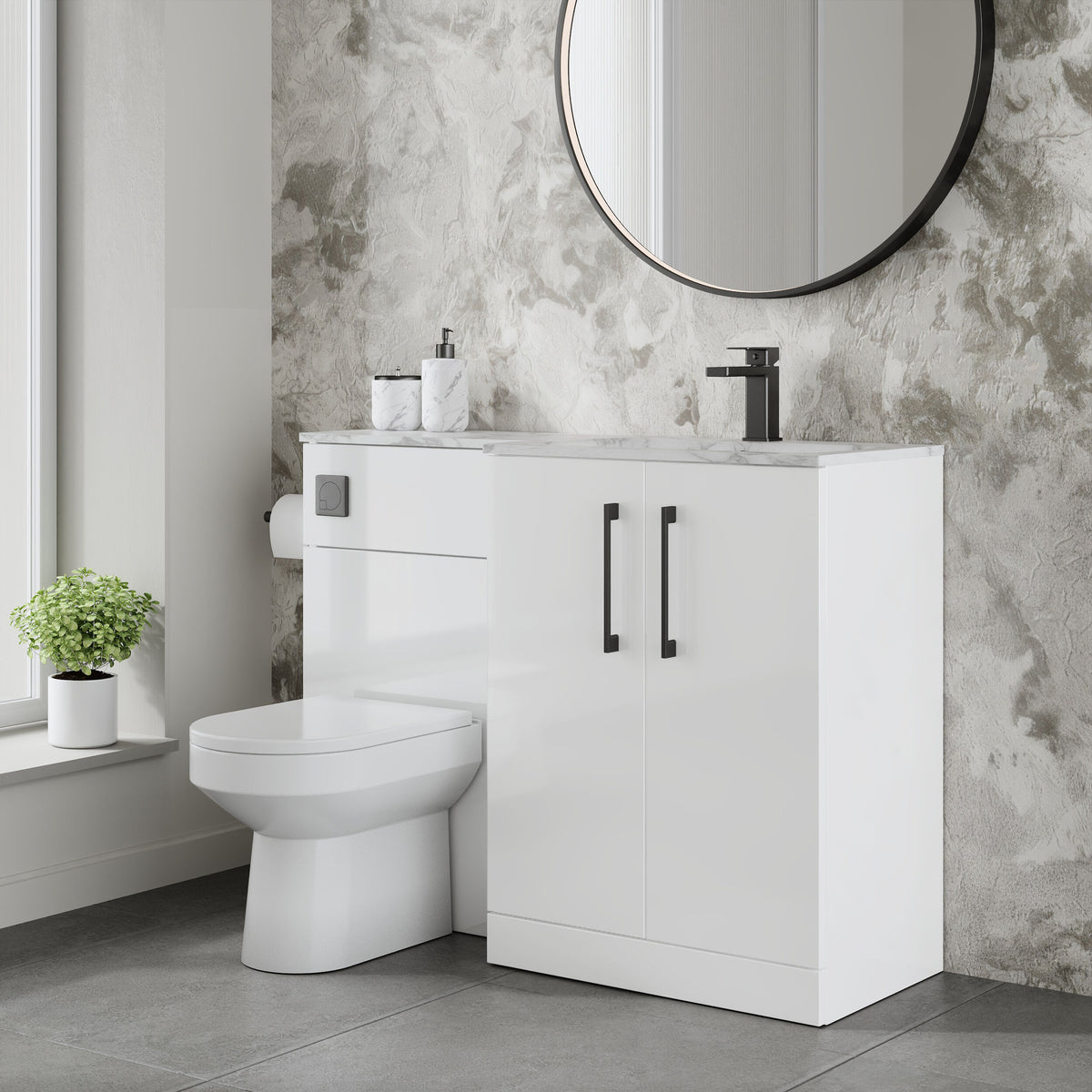 Modern Splash 1100mm Gloss White 2 Door Floor Standing Right-Hand Combination Unit With Stone Basin