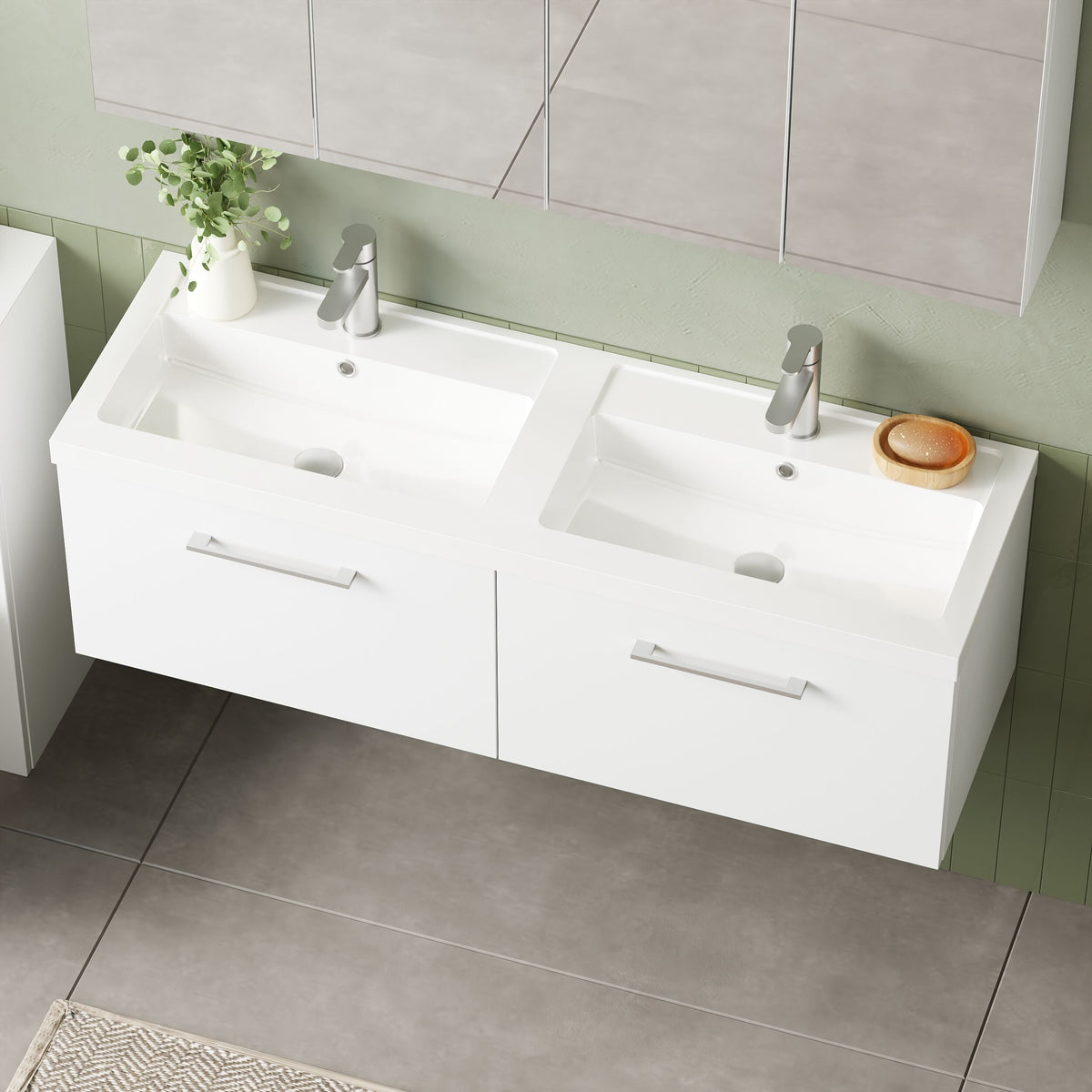 Modern Splash 1200mm Gloss White 2 Drawer Wall Hung Vanity Unit With 2 Tap Hole Polymarble basin