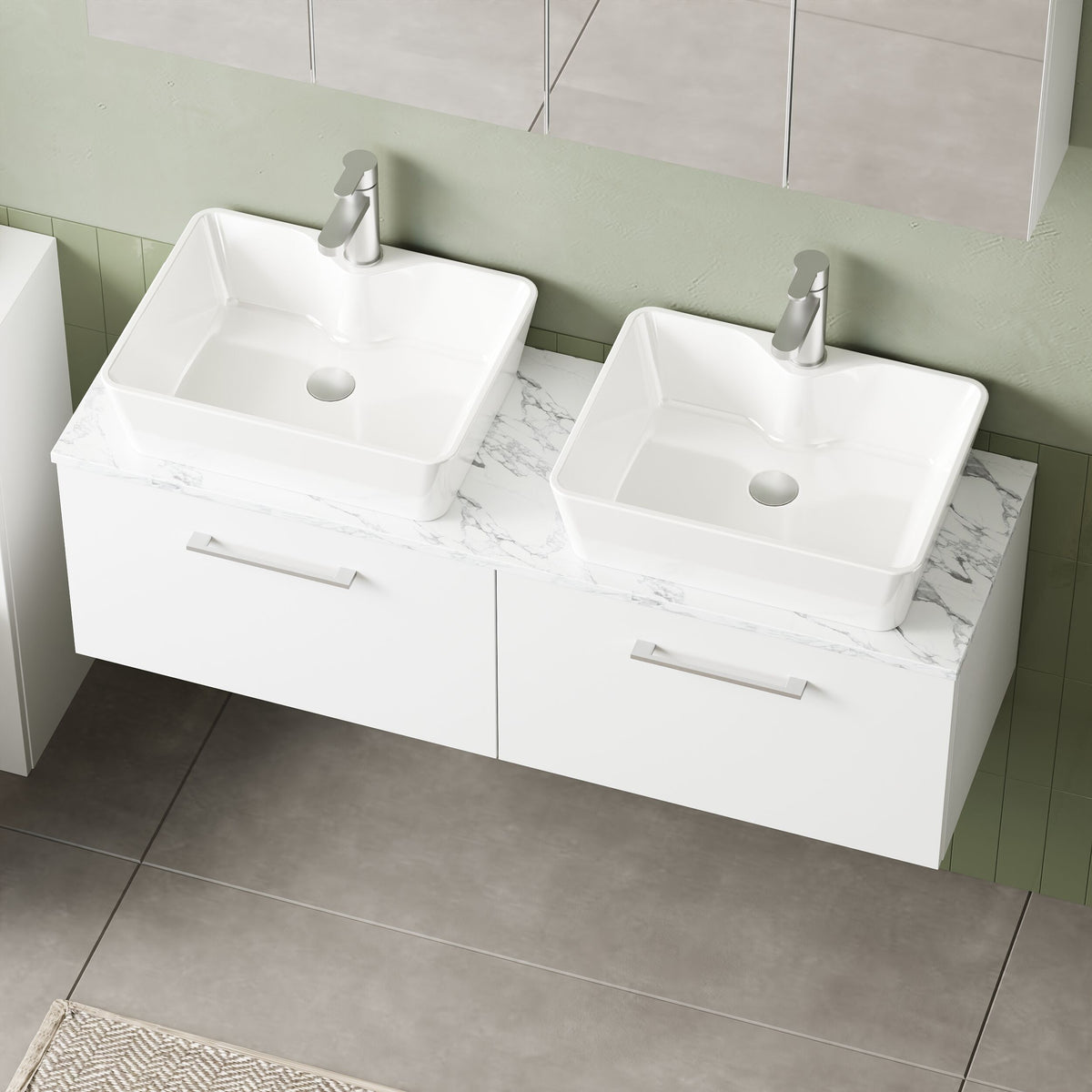Modern Splash 1200mm Gloss White 2 Drawer Wall Hung Vanity With Carrara Laminate Worktop