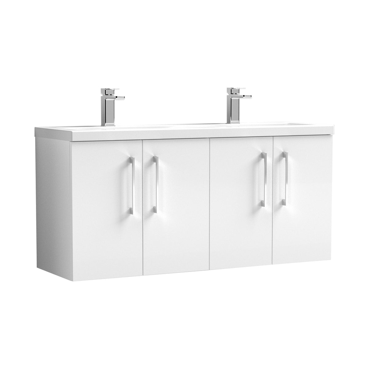 Modern Splash 1200mm Gloss White 4 Door Wall Hung Vanity Unit With 2 Tap Hole Ceramic Basin