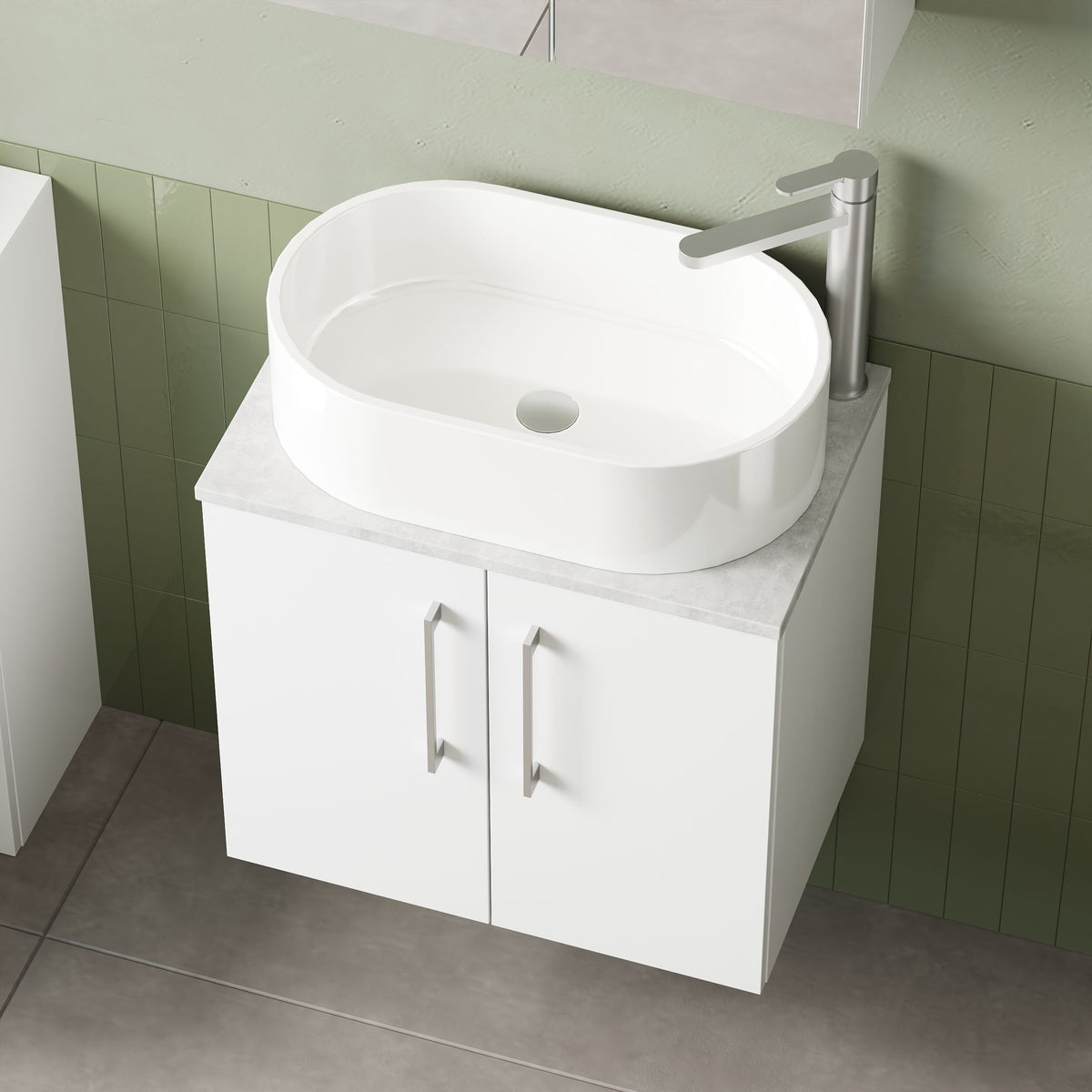 Modern Splash 600mm Gloss White 2 Door Wall Hung Vanity With Bellato Grey Worktop