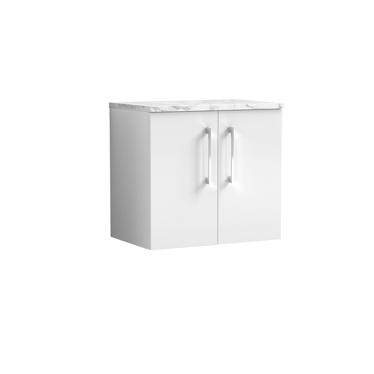 Modern Splash 600mm Gloss White 2 Door Wall Hung Vanity Unit With Carrara Laminate Worktop