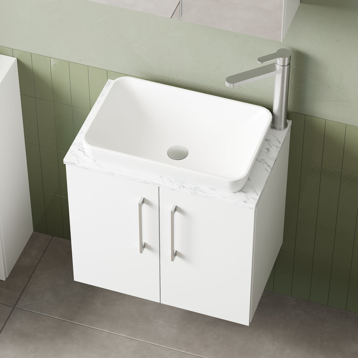 Modern Splash 600mm Gloss White 2 Door Wall Hung Vanity Unit With Carrara Laminate Worktop