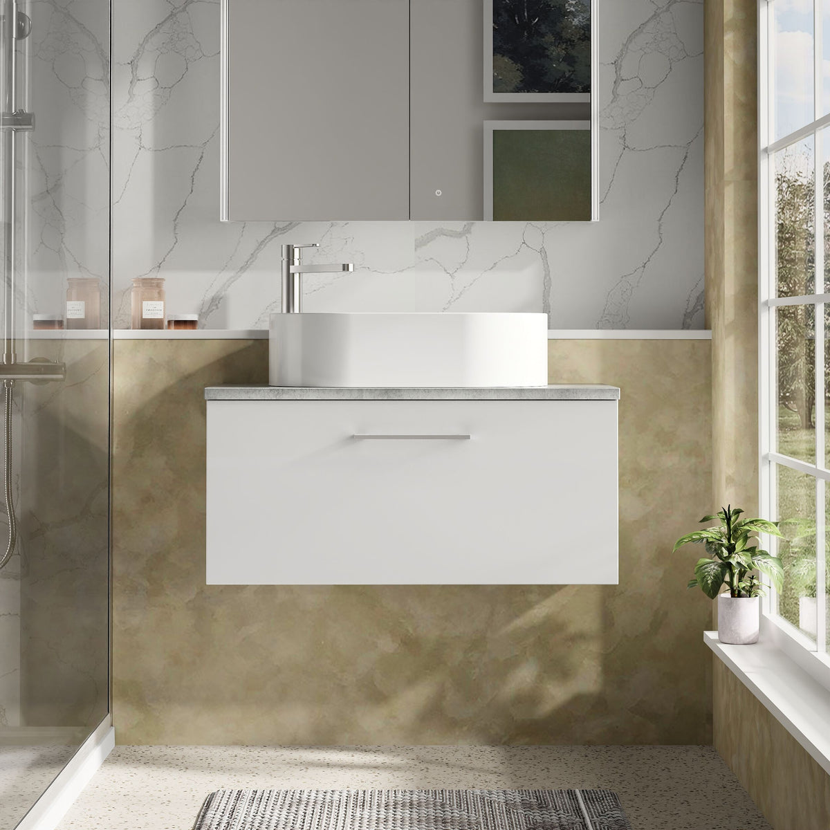 Modern Splash 800mm Gloss White 1 Drawer Wall Hung Vanity Unit With Bellato Grey Worktop