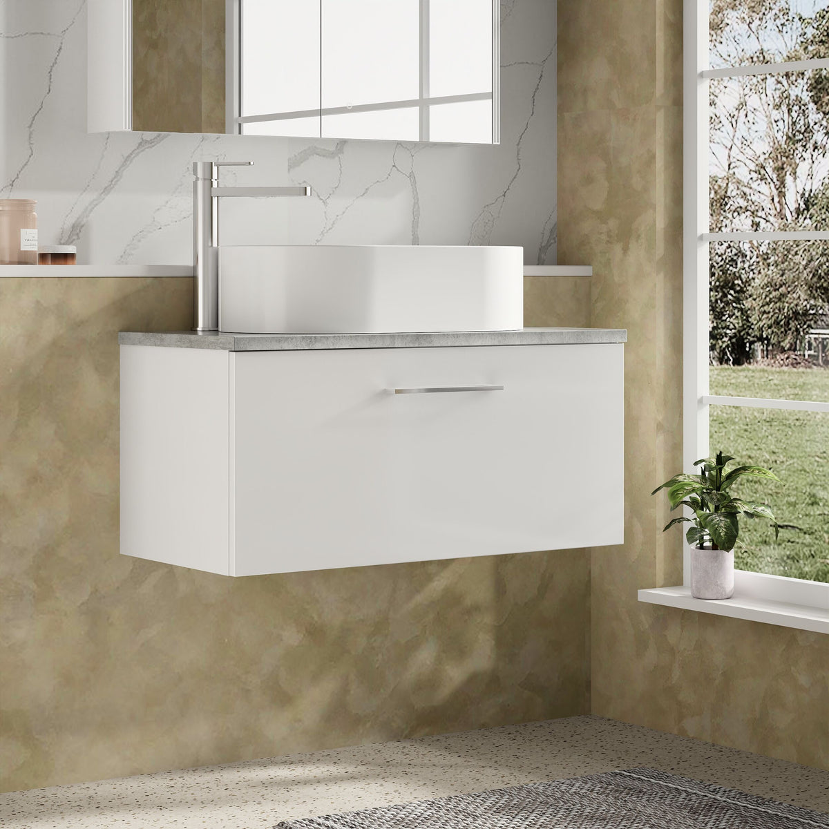 Modern Splash 800mm Gloss White 1 Drawer Wall Hung Vanity Unit With Bellato Grey Worktop