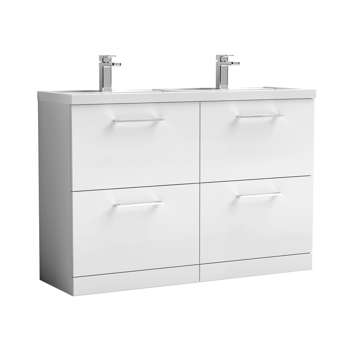 Modern Splash 1200mm Gloss White 4 Drawer Floor Standing Vanity Unit With 2 Tap Hole Polymarble basin