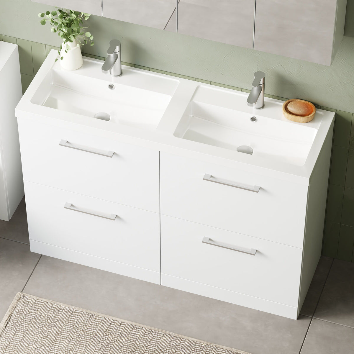 Modern Splash 1200mm Gloss White 4 Drawer Floor Standing Vanity Unit With 2 Tap Hole Polymarble basin