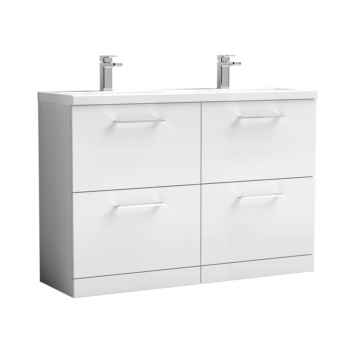 Modern Splash 1200mm Gloss White 4 Drawer Floor Standing Vanity Unit With 2 Tap Hole Ceramic Basin