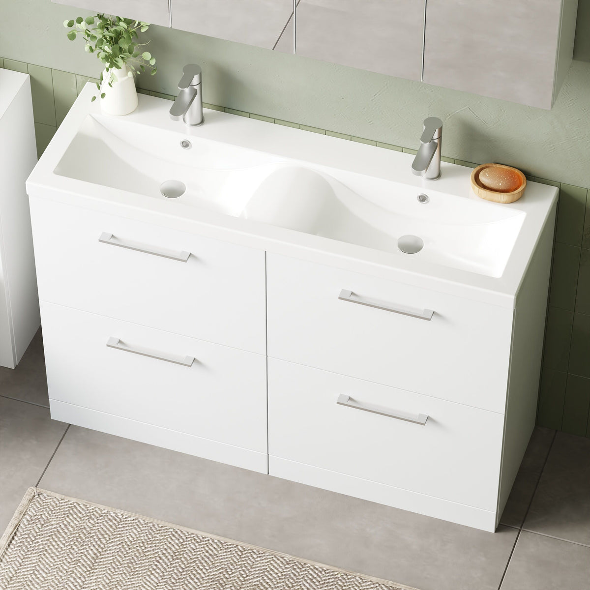 Modern Splash 1200mm Gloss White 4 Drawer Floor Standing Vanity Unit With 2 Tap Hole Ceramic Basin