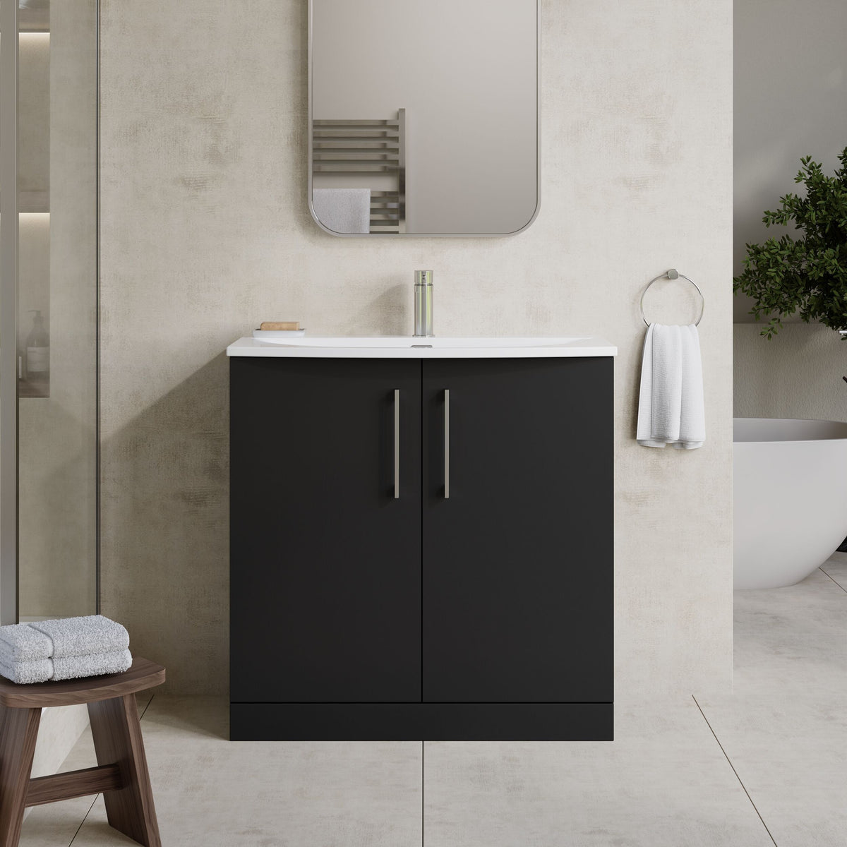 Modern Splash 800mm Soft Black 2 Door Floor Standing Vanity Unit With Curved Basin