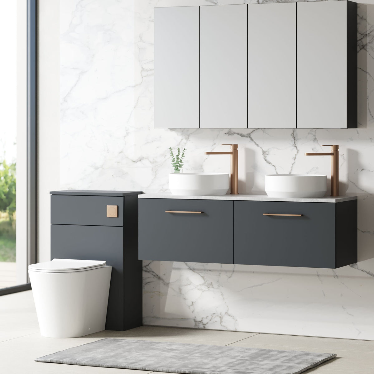 Modern Splash 1200mm Soft Black 2 Drawer Wall Hung Vanity Unit With Bellato Grey Worktop
