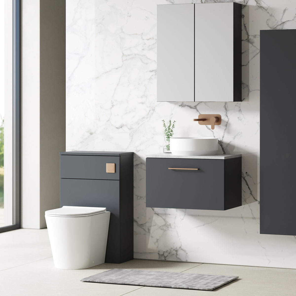 Modern Splash 600mm Soft Black 1 Drawer Wall Hung Vanity Unit With Bellato Grey Worktop