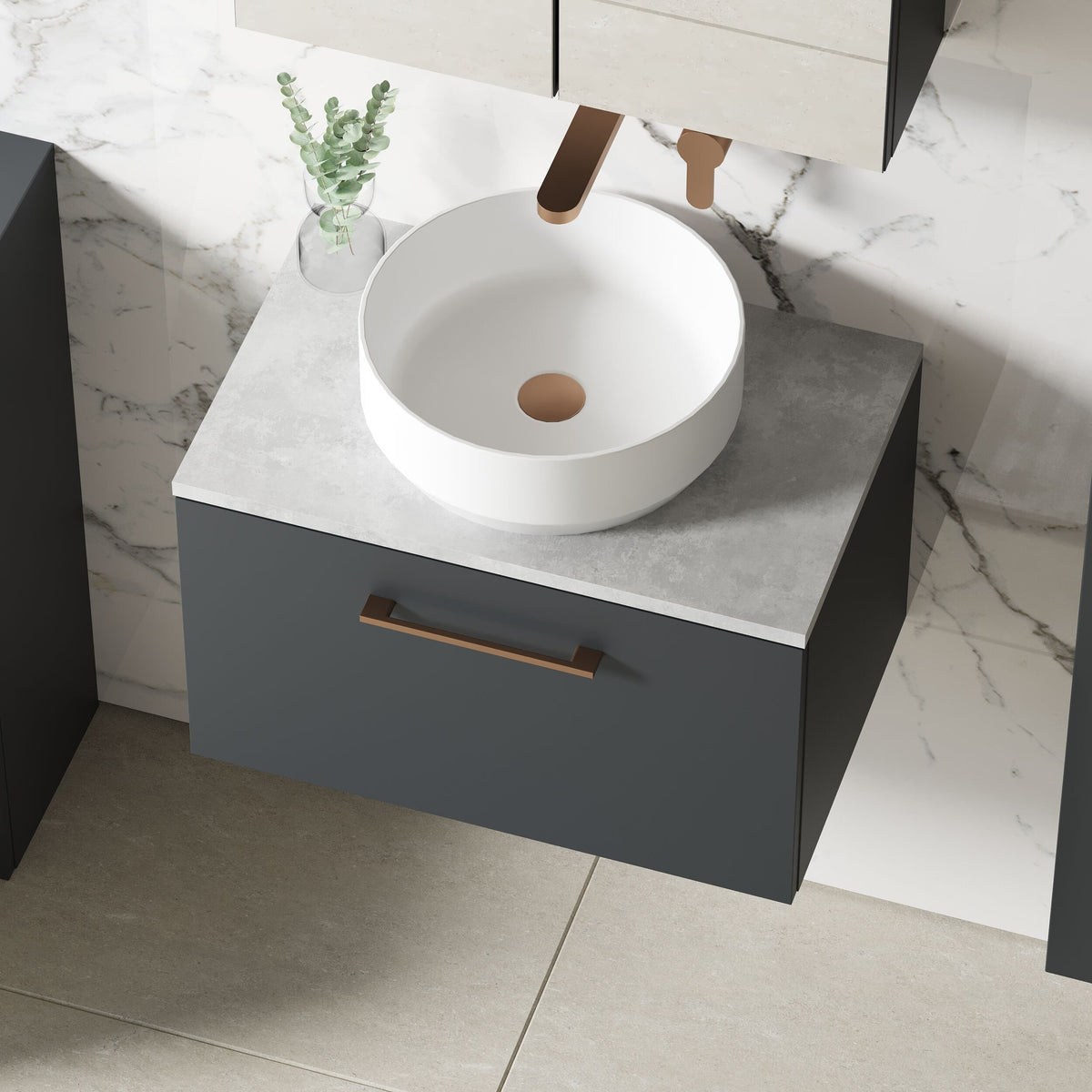 Modern Splash 600mm Soft Black 1 Drawer Wall Hung Vanity Unit With Bellato Grey Worktop