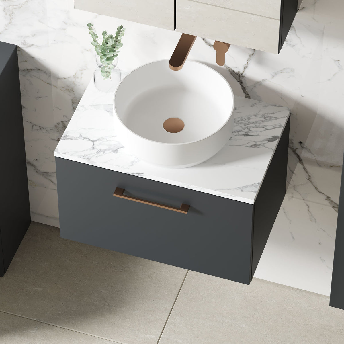 Modern Splash 600mm Soft Black Wall Hung Soft Black 1 Drawer Vanity Unit With Carrara Laminate Worktop