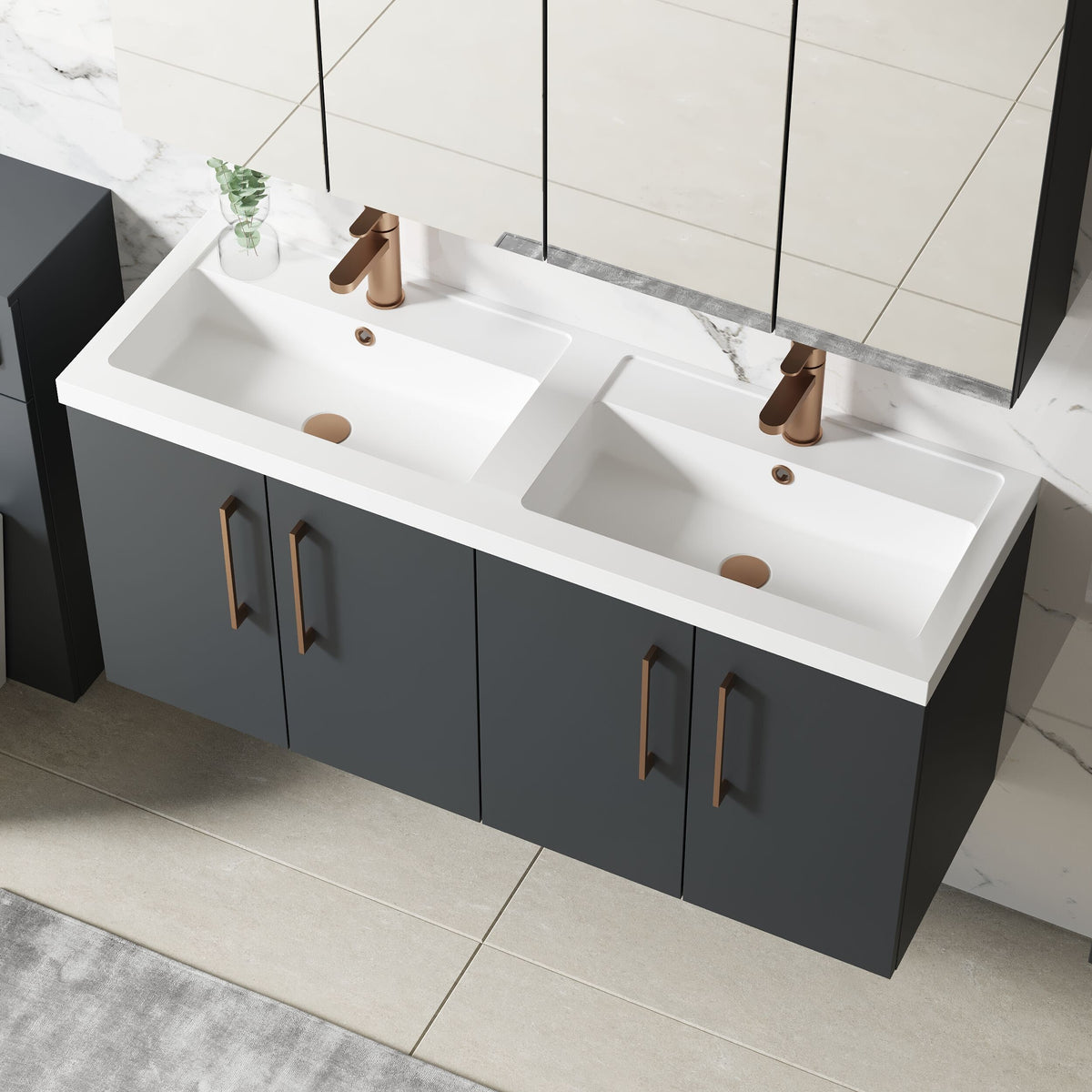 Modern Splash 1200mm Soft Black 4 Door Wall Hung Vanity Unit With 2 Tap Hole Polymarble basin