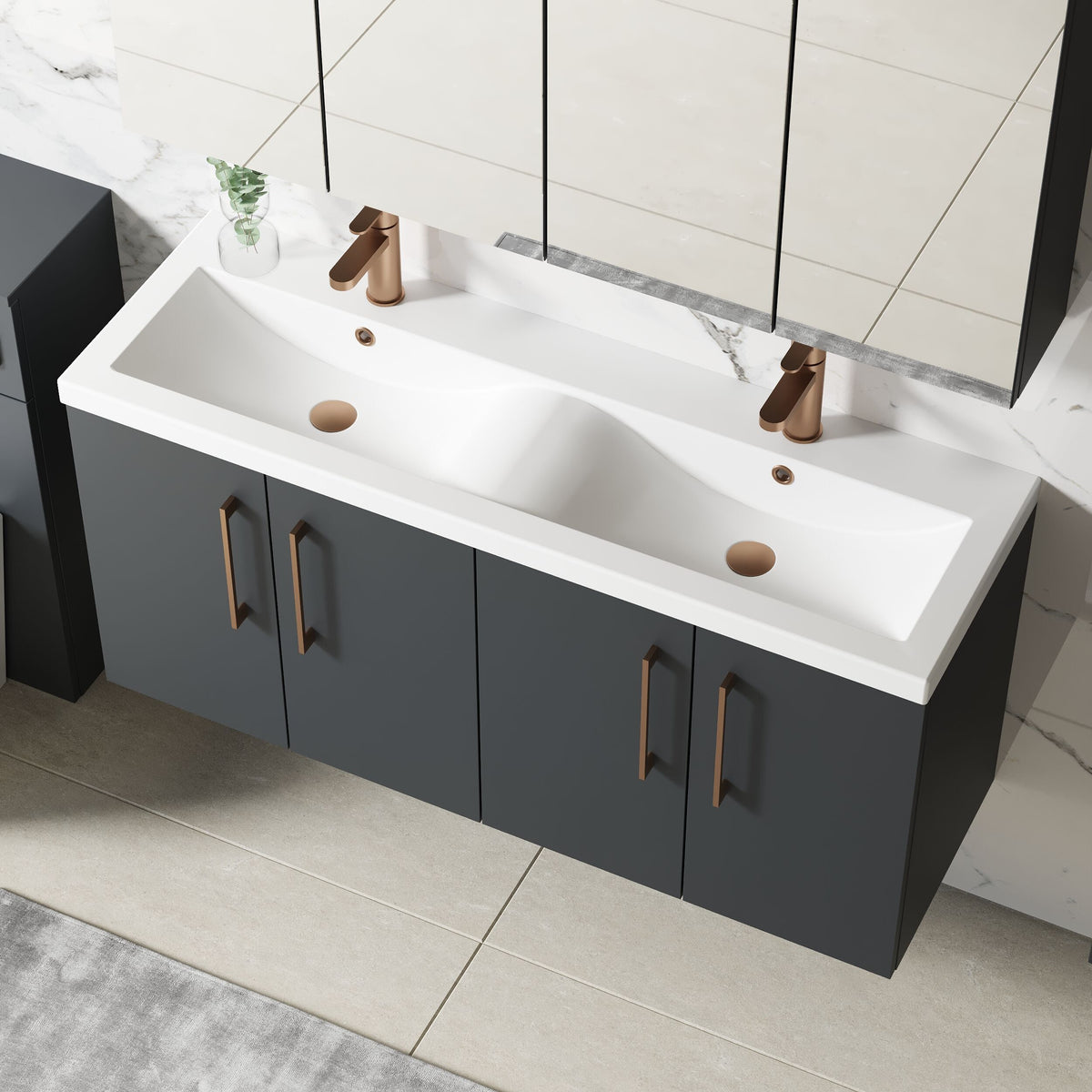 Modern Splash 1200mm Soft Black 4 Door Wall Hung Vanity Unit With 2 Tap Hole Ceramic Basin