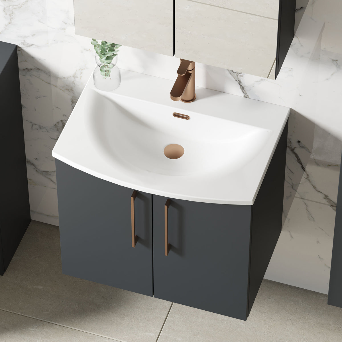 Modern Splash 600mm Soft Black 2 Door Wall Hung Vanity Unit With Curved Basin