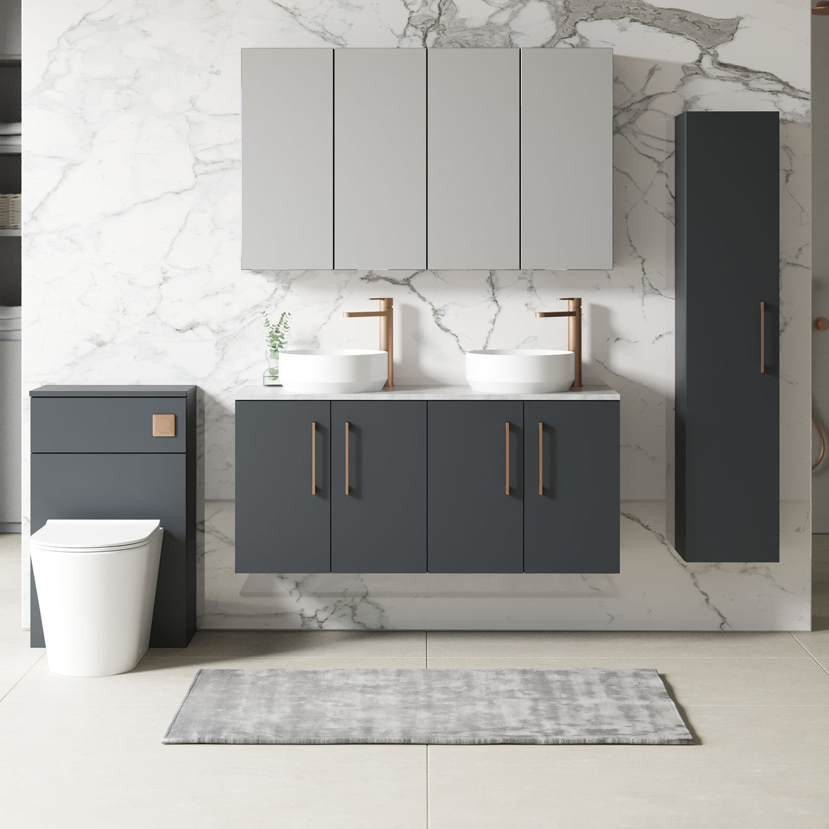 Modern Splash 1200mm Soft Black 4 Door Wall Hung Soft Black Vanity Unit With Bellato Grey Worktop