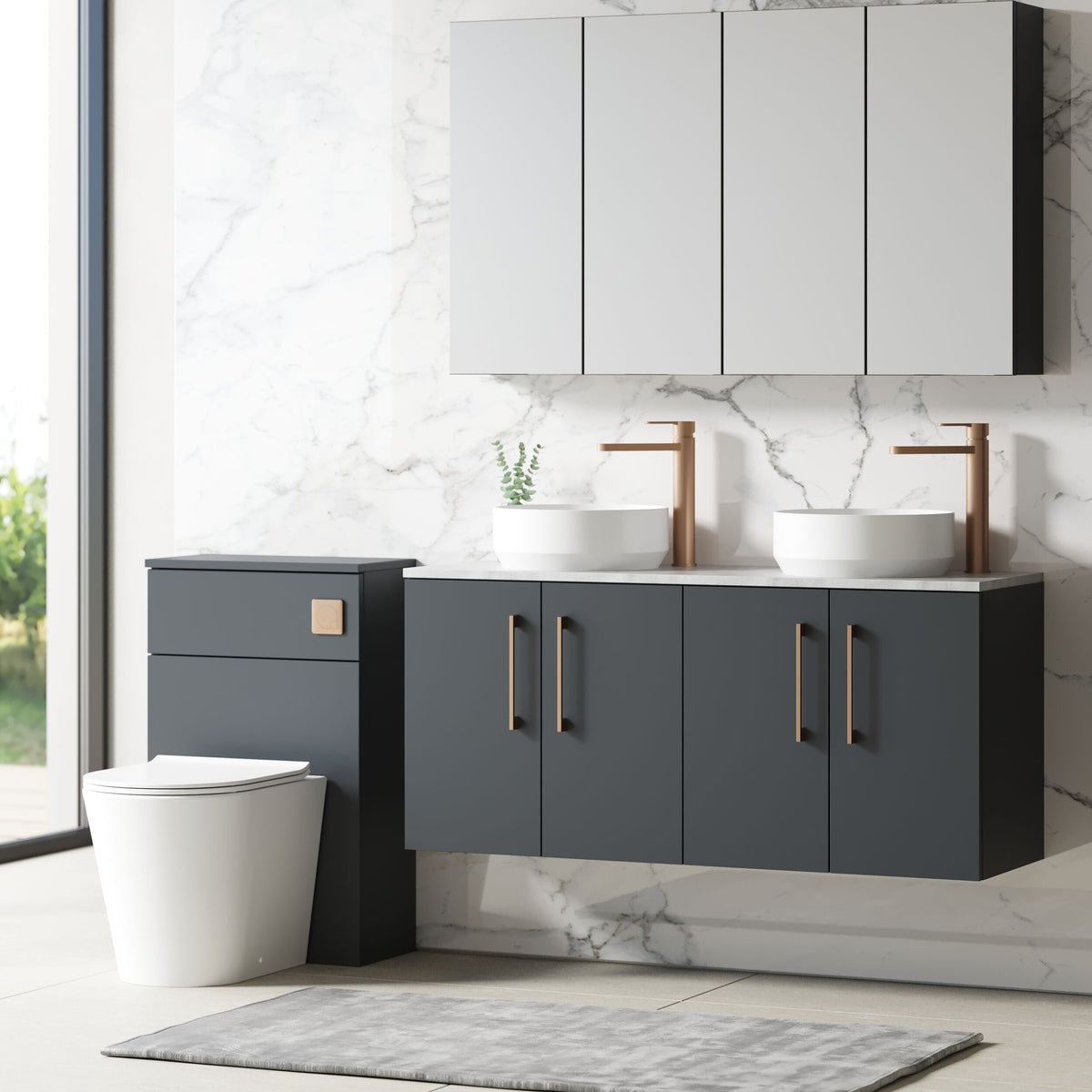 Modern Splash 1200mm Soft Black 4 Door Wall Hung Soft Black Vanity Unit With Bellato Grey Worktop