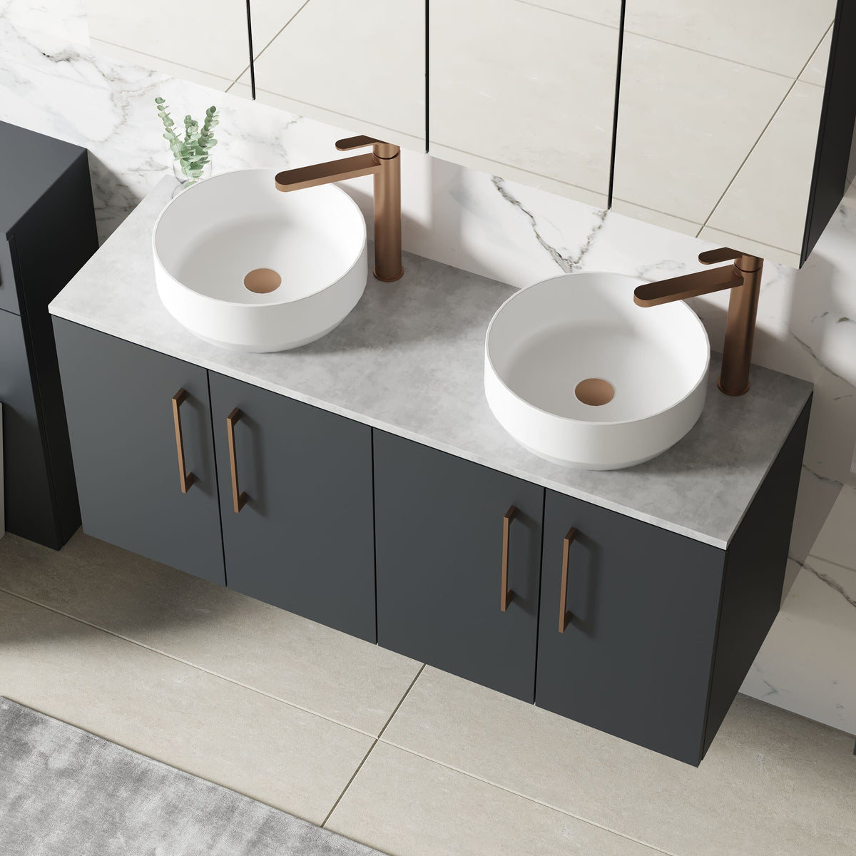 Modern Splash 1200mm Soft Black 4 Door Wall Hung Soft Black Vanity Unit With Bellato Grey Worktop