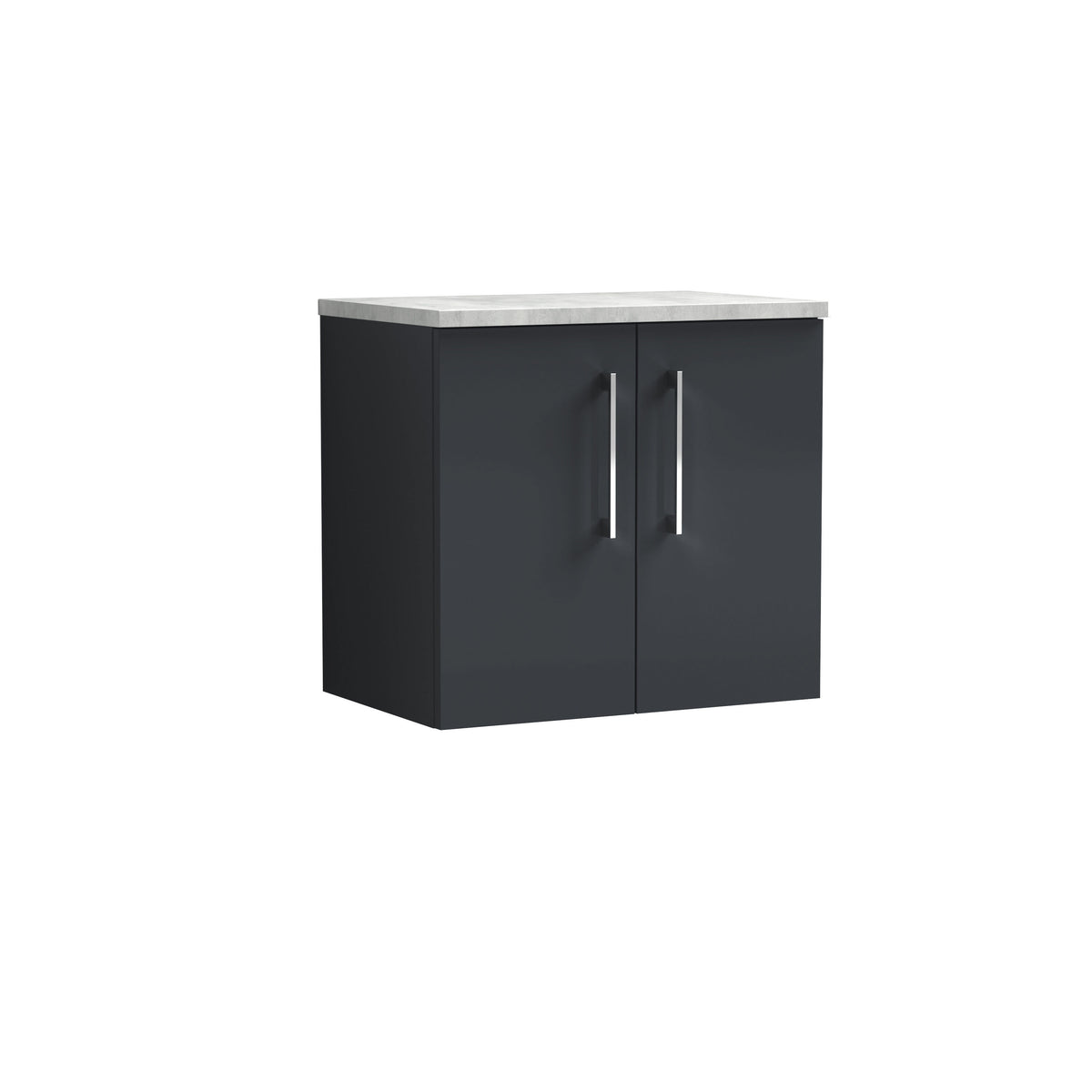 Modern Splash 600mm Soft Black 2 Door Wall Hung Vanity Unit With Bellato Grey Worktop