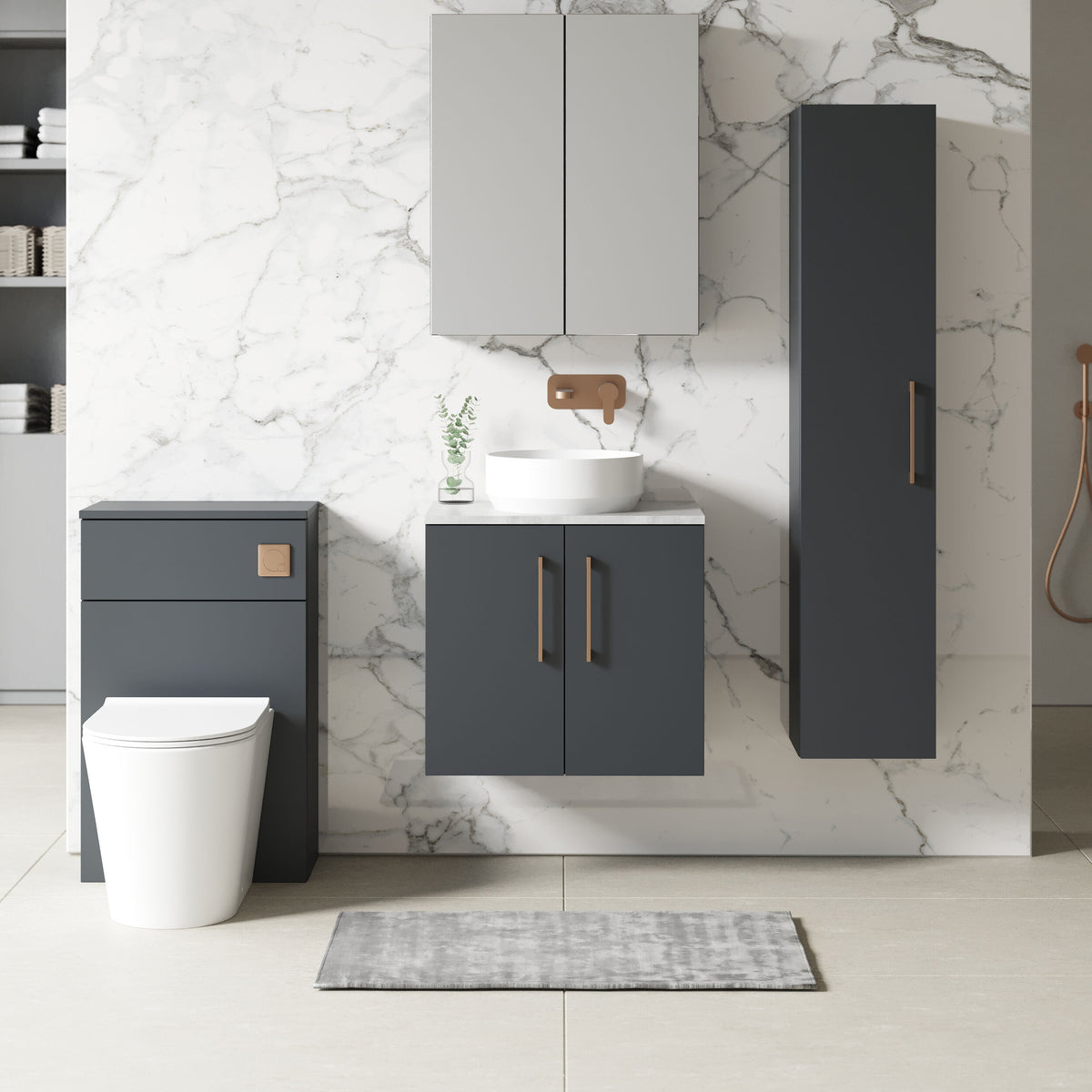 Modern Splash 600mm Soft Black 2 Door Wall Hung Vanity Unit With Bellato Grey Worktop