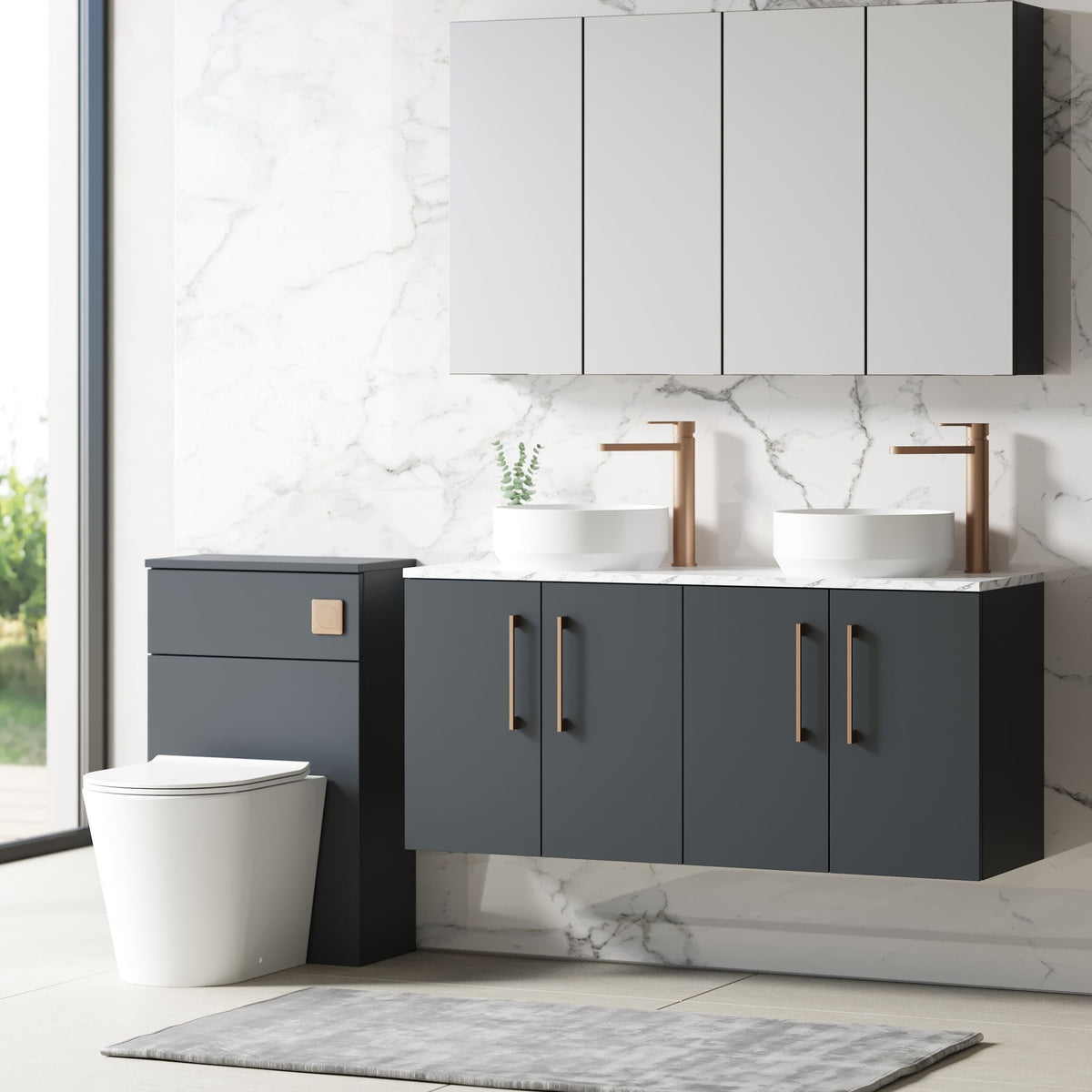 Modern Splash 1200mm Soft Black 2 Door Wall Hung Vanity With Carrara Laminate Worktop