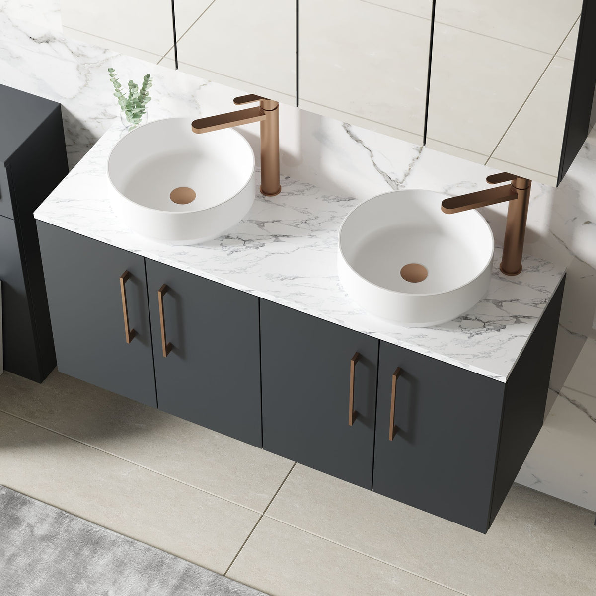 Modern Splash 1200mm Soft Black 2 Door Wall Hung Vanity With Carrara Laminate Worktop