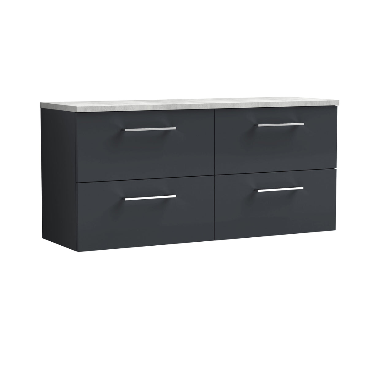 Modern Splash 1200mm Soft Black 4 Drawer Wall Hung Soft Black Vanity Unit With Bellato Grey Worktop