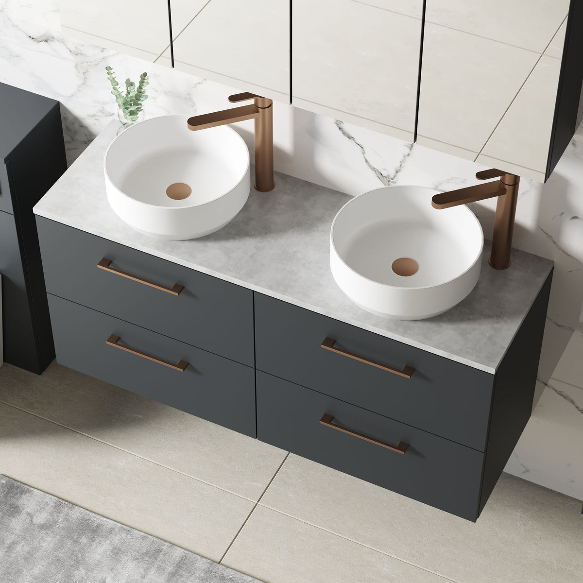 Modern Splash 1200mm Soft Black 4 Drawer Wall Hung Soft Black Vanity Unit With Bellato Grey Worktop