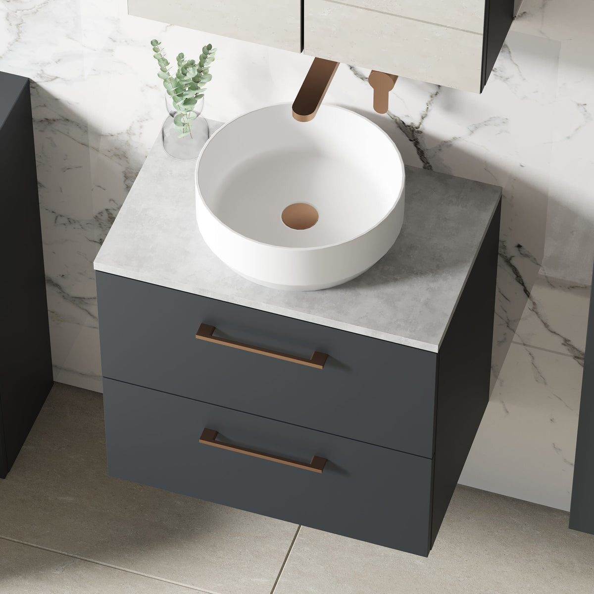 Modern Splash 600mm Soft Black 2 Drawer Wall Hung Vanity Unit With Bellato Grey Worktop