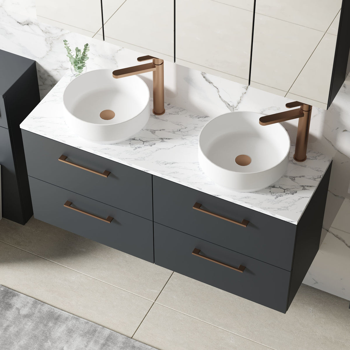 Modern Splash 1200mm Soft Black 4 Drawer Wall Hung Vanity With Carrara Laminate Worktop