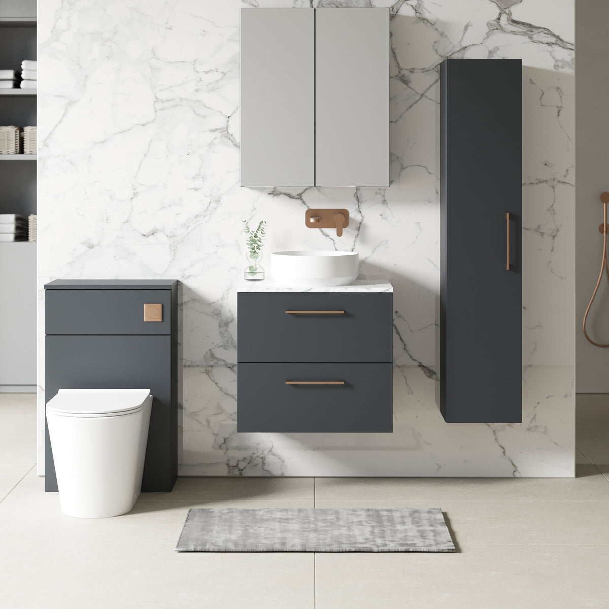 Modern Splash 600mm Soft Black 2 Drawer Wall Hung Vanity Unit With Carrara Laminate Worktop
