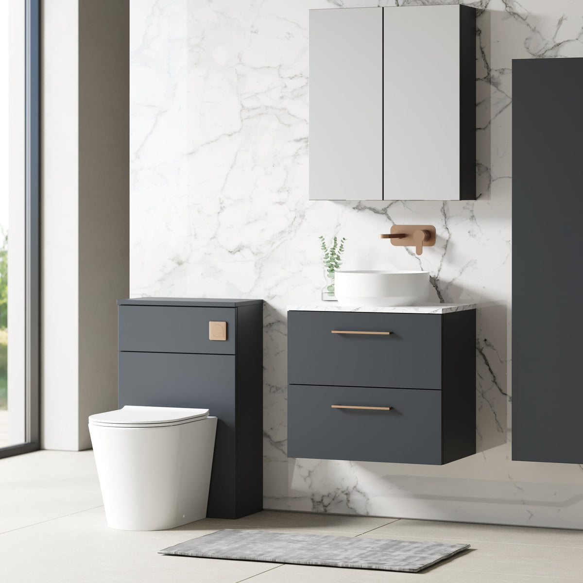 Modern Splash 600mm Soft Black 2 Drawer Wall Hung Vanity Unit With Carrara Laminate Worktop