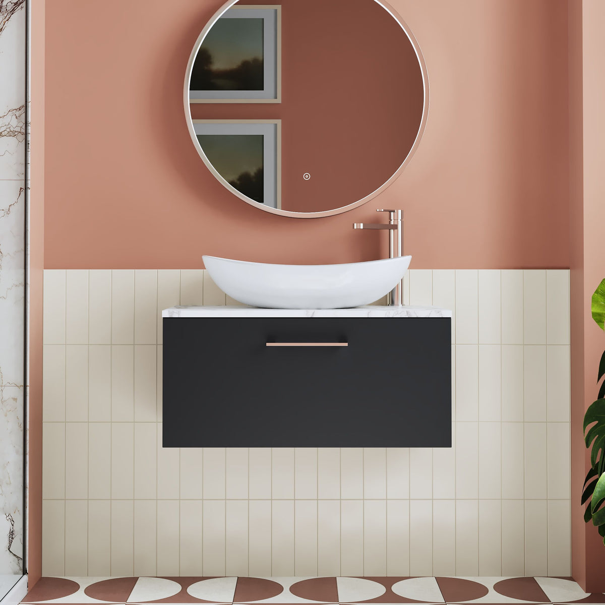 Modern Splash 800mm Soft Black 1 Drawer Wall Hung Vanity Unit With Soft Close Drawer & Carrara Laminate Worktop