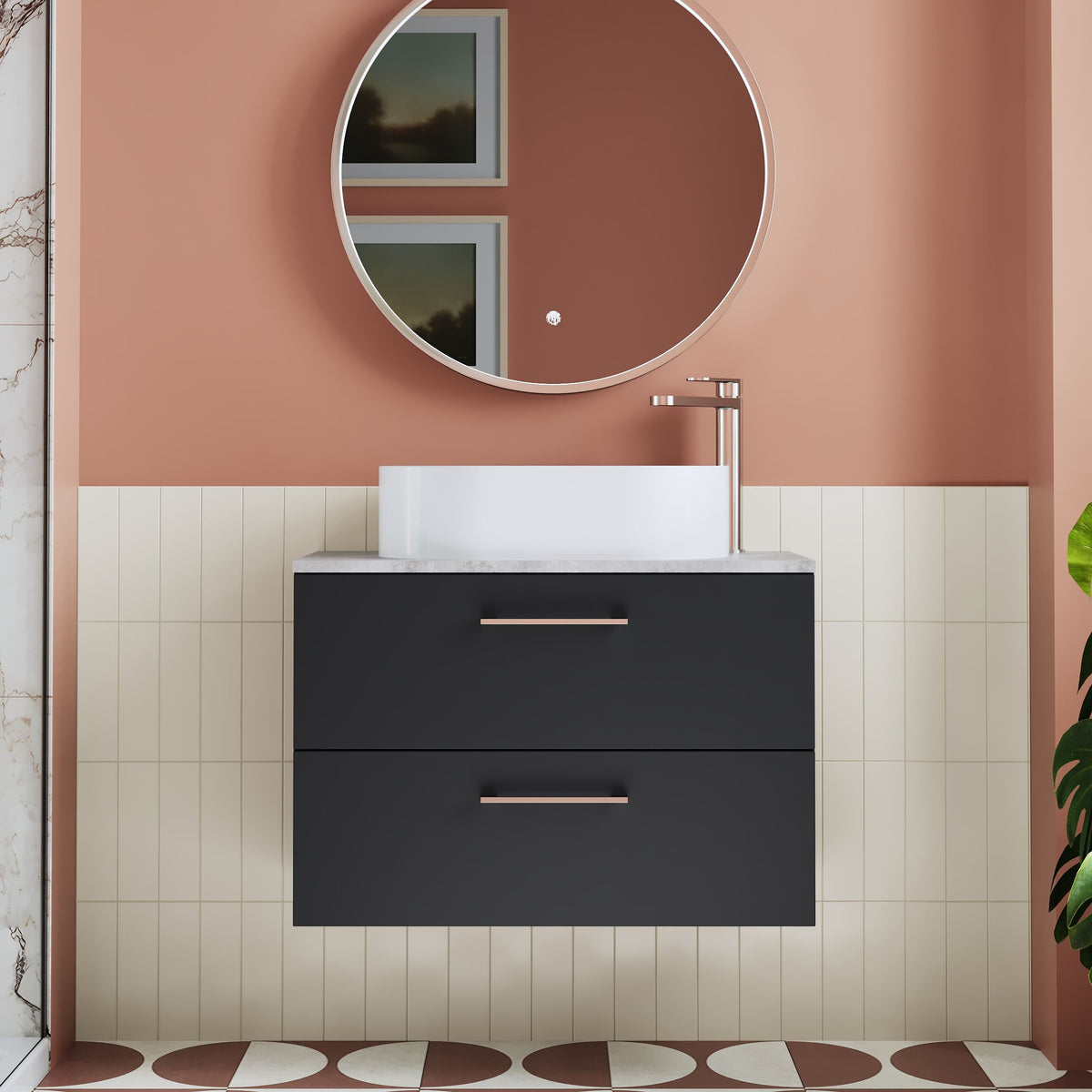 Modern Splash 805mm Soft Black 2 Drawer Wall Hung Vanity Unit With Bellato Grey Worktop