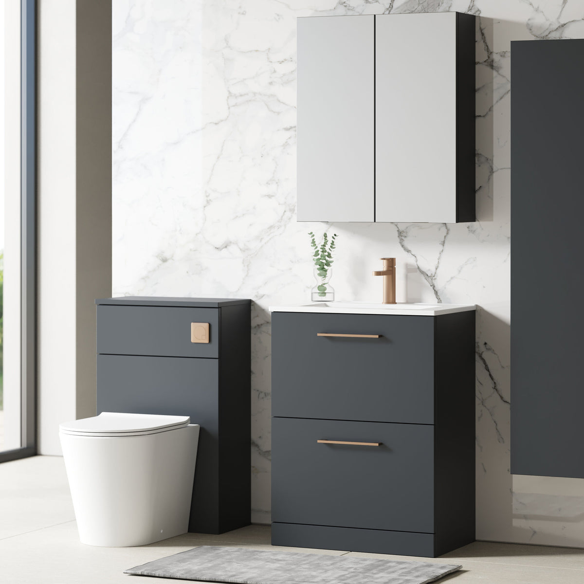 Modern Splash 600mm Soft Black 2 Drawer Floor Standing Vanity Unit With Minimalist Basin