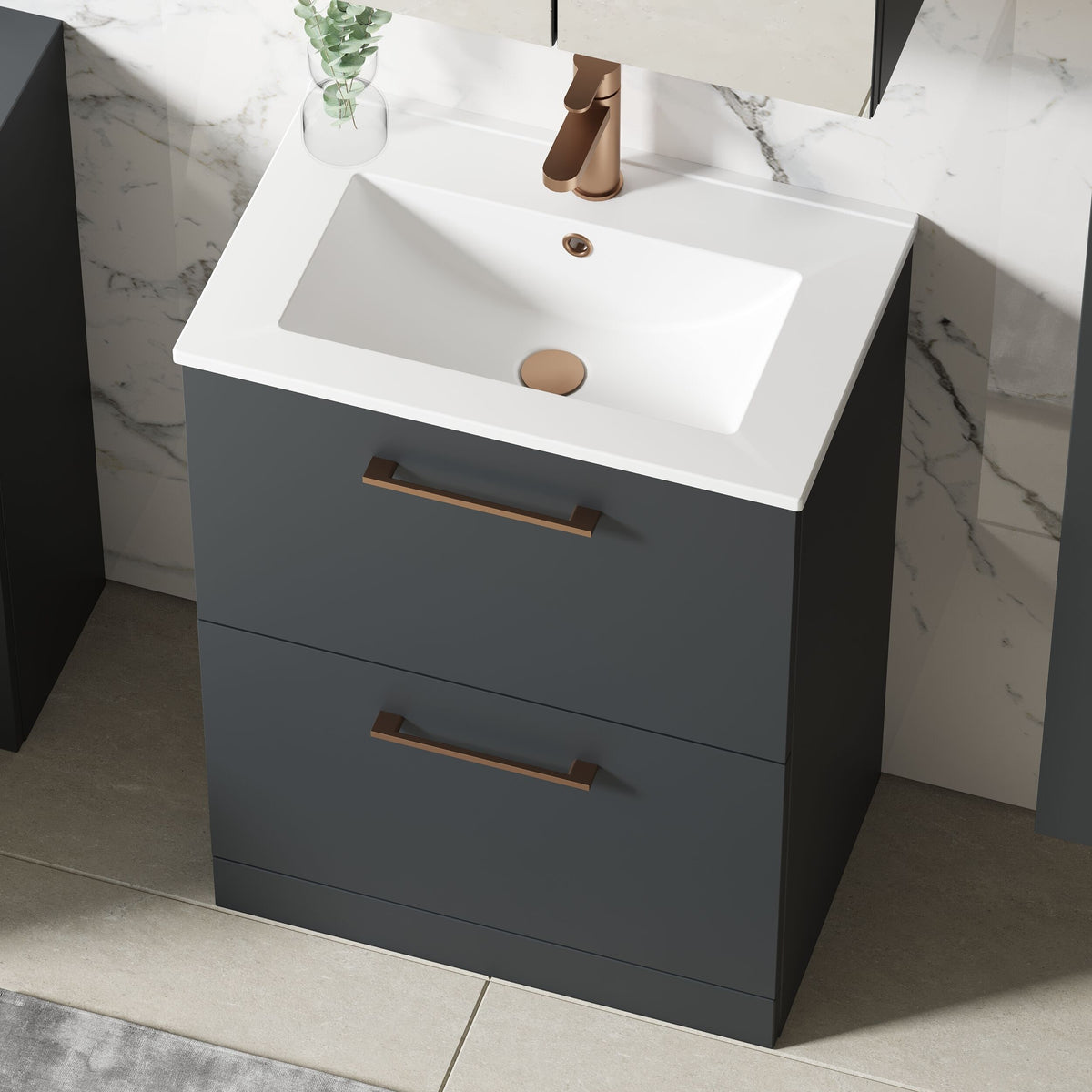 Modern Splash 600mm Soft Black 2 Drawer Floor Standing Vanity Unit With Minimalist Basin