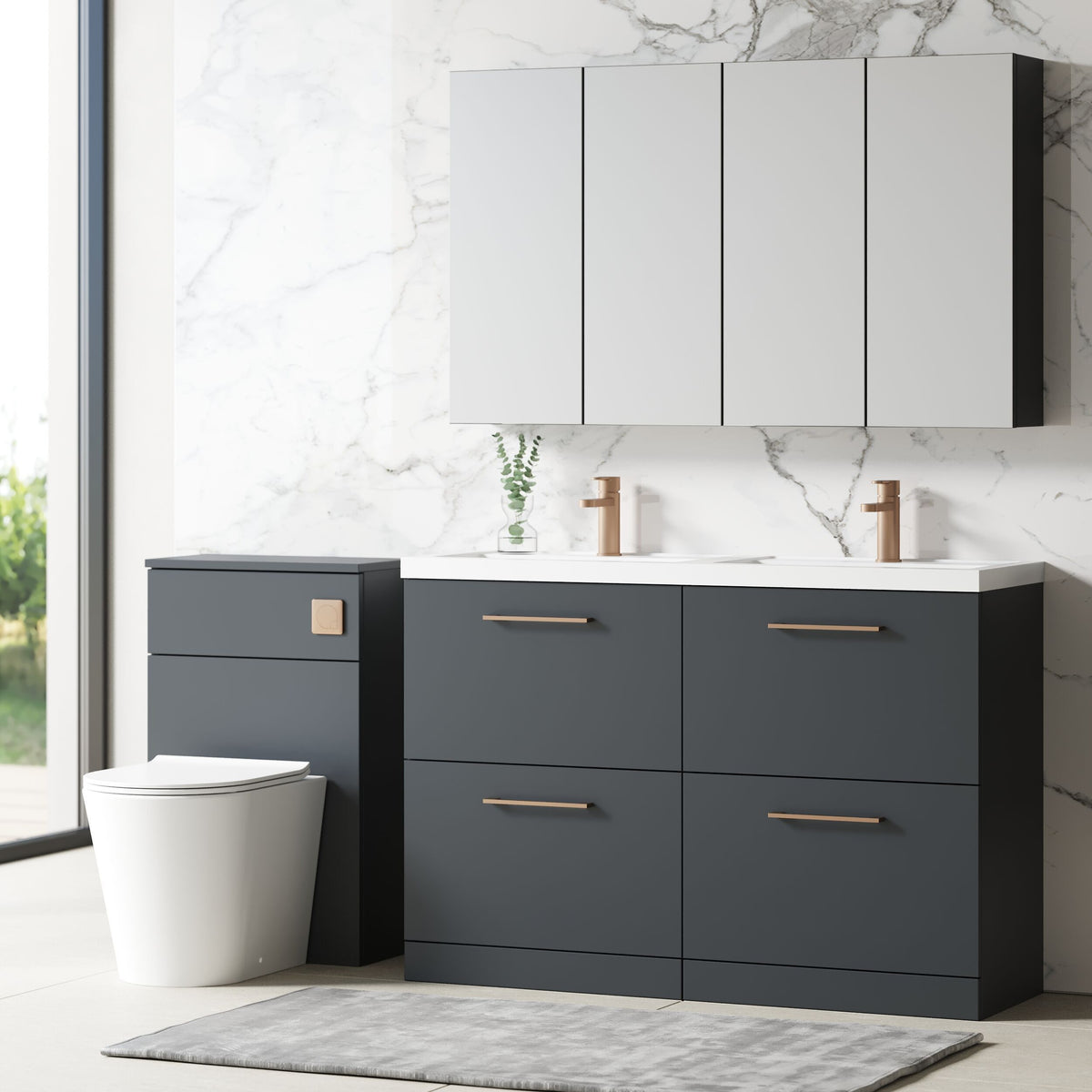 Modern Splash 1200mm Soft Black 4 Drawer Floor Standing Vanity Unit With 2 Tap Hole Polymarble basin