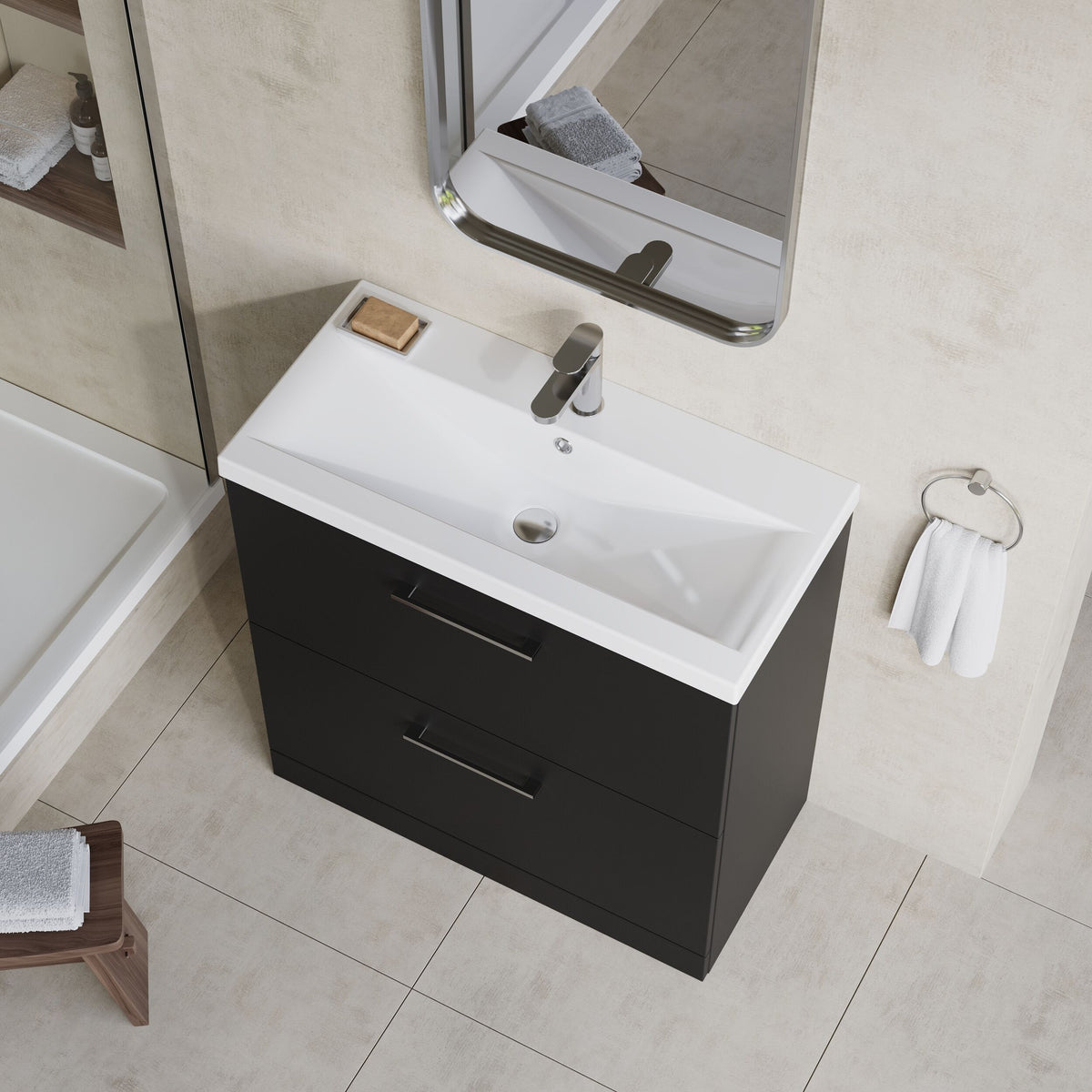 Modern Splash 800mm Soft Black 2 Drawer Floor Standing Vanity Unit With Mid-Edge Basin