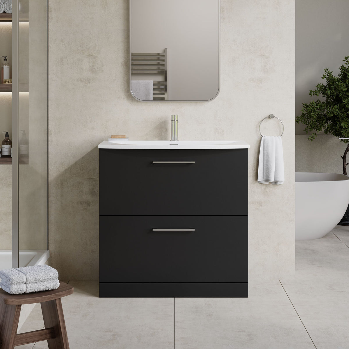 Modern Splash 800mm Soft Black 2 Drawer Floor Standing Vanity Unit With Curved Basin