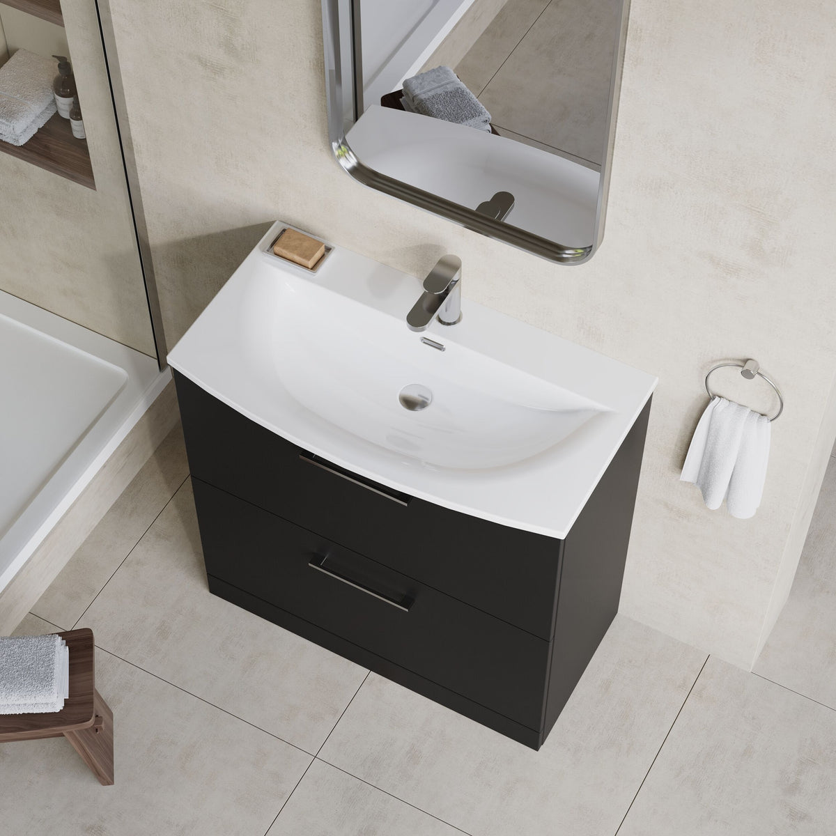 Modern Splash 800mm Soft Black 2 Drawer Floor Standing Vanity Unit With Curved Basin