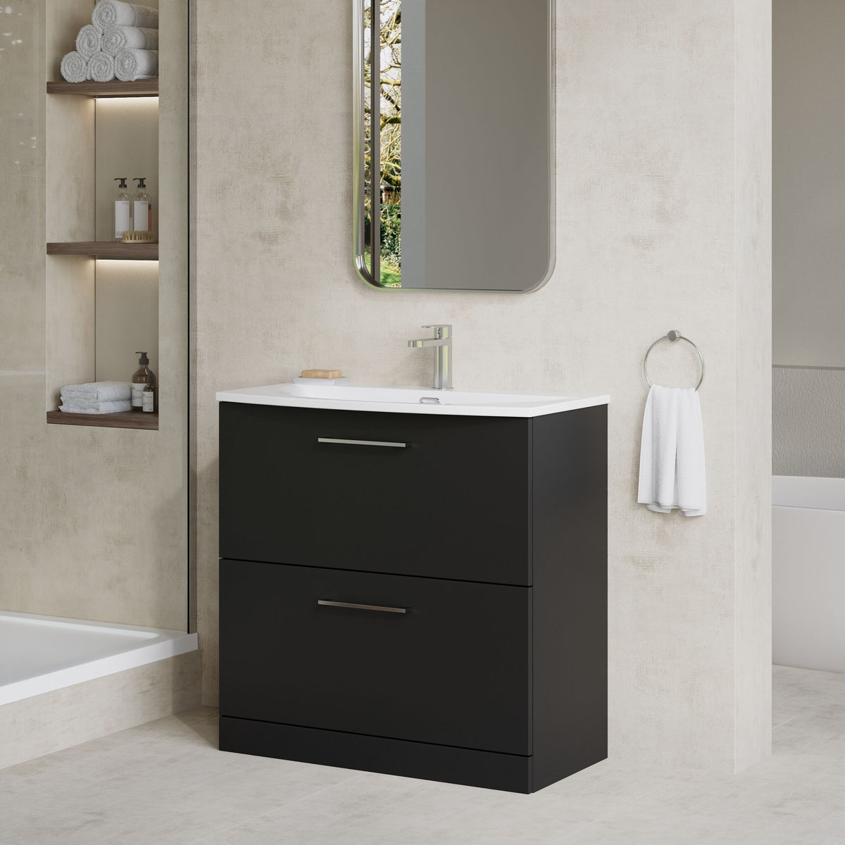Modern Splash 800mm Soft Black 2 Drawer Floor Standing Vanity Unit With Curved Basin
