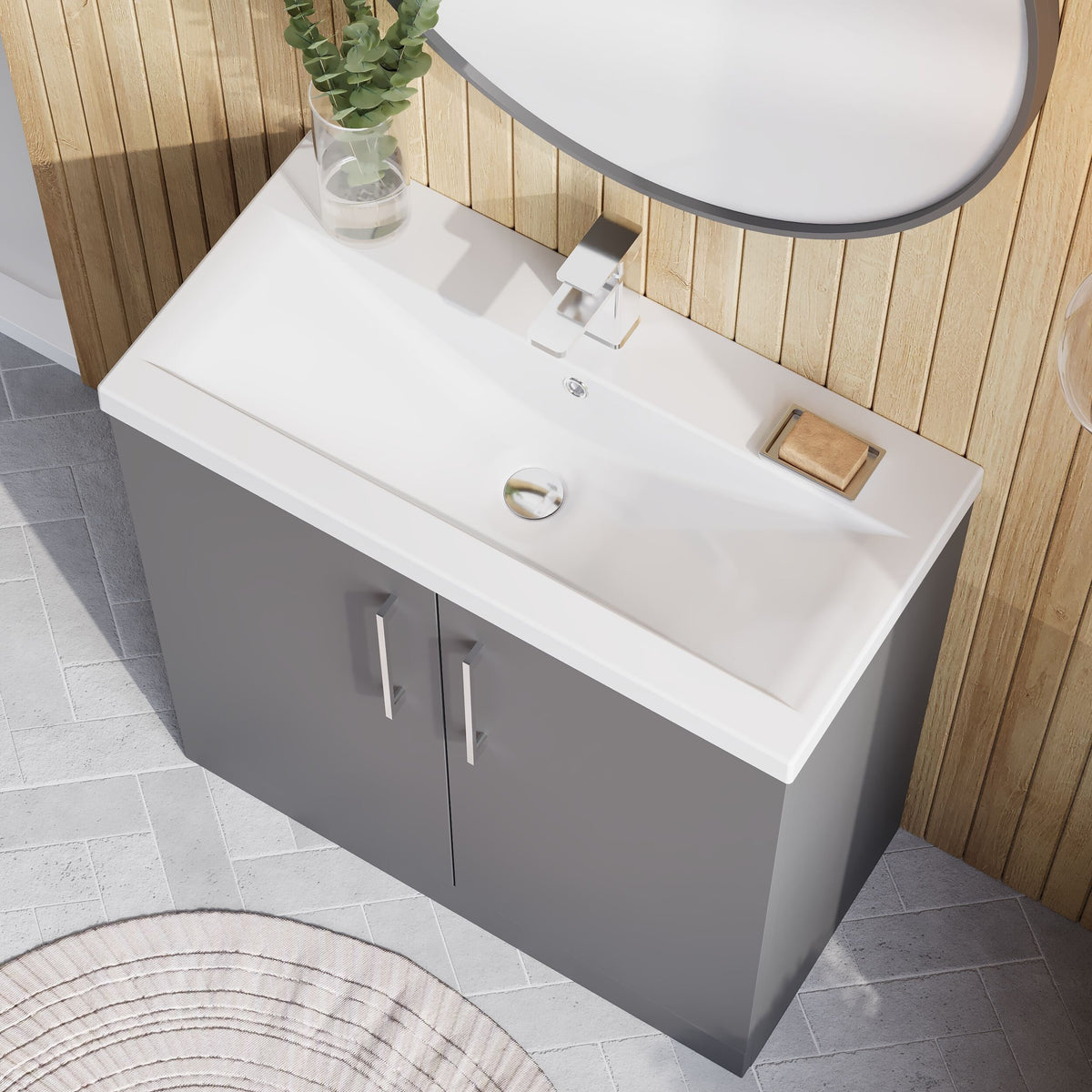 Modern Splash 800mm Satin Grey 2 Door Floor Standing Vanity Unit With Mid-Edge Basin