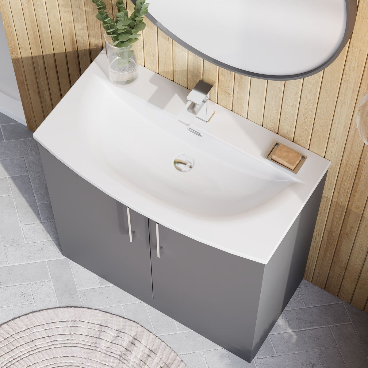 Modern Splash 800mm Satin Grey 2 Door Floor Standing Vanity Unit With Curved Basin